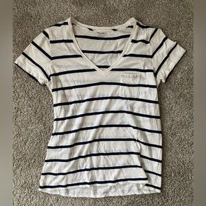Madewell Navy and White Striped V-Neck Tee